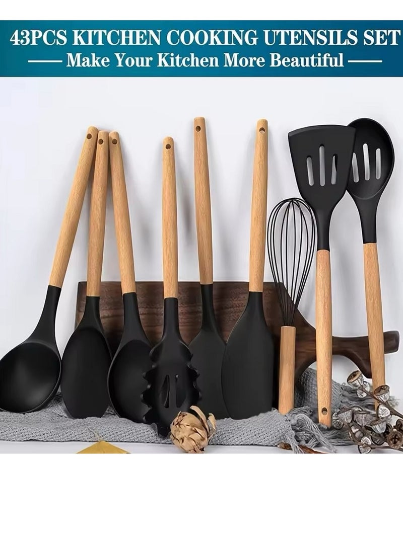 مجموعة من أدوات المطبخ السيليكون من 43 قطعة: غير ملتصقة ومقاومة للحرارة ، مع مقبض خشبي وسقالات تخزين ، مثالية للطهي - Image 2