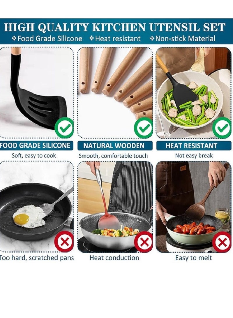 مجموعة من أدوات المطبخ السيليكون من 43 قطعة: غير ملتصقة ومقاومة للحرارة ، مع مقبض خشبي وسقالات تخزين ، مثالية للطهي - Image 3