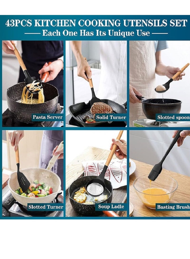 مجموعة من أدوات المطبخ السيليكون من 43 قطعة: غير ملتصقة ومقاومة للحرارة ، مع مقبض خشبي وسقالات تخزين ، مثالية للطهي - Image 4