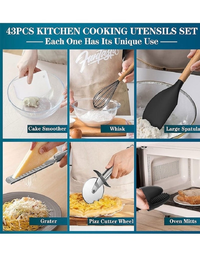 مجموعة من أدوات المطبخ السيليكون من 43 قطعة: غير ملتصقة ومقاومة للحرارة ، مع مقبض خشبي وسقالات تخزين ، مثالية للطهي - Image 5