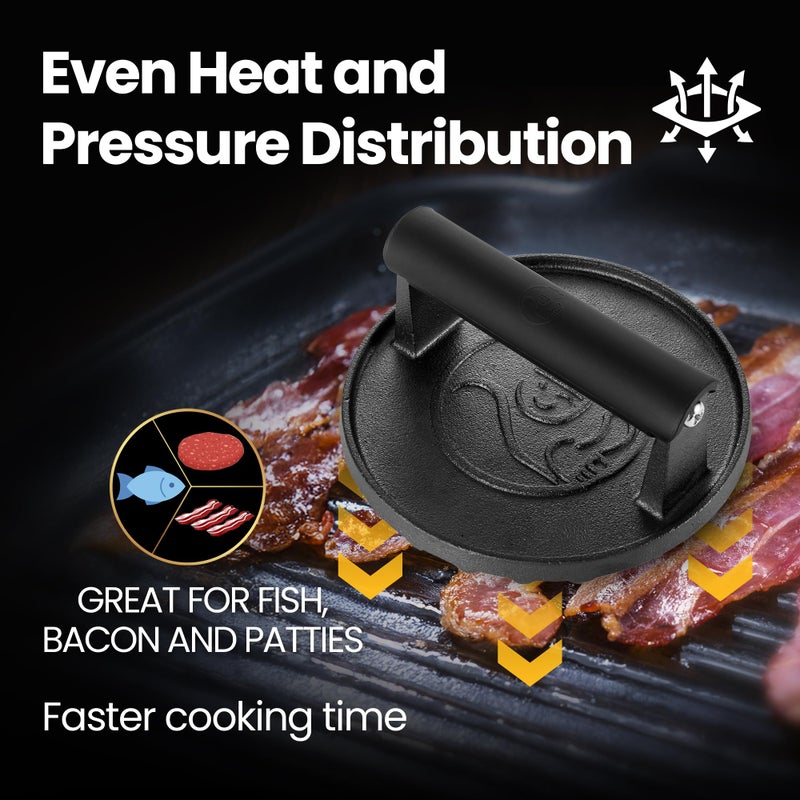 Gourmet Easy أداة ضغط البرجر سماش للسطح، 2 رطل أداة ضغط برجر ثقيلة مع مقبض مقاوم للحرارة، صانع لحم مقدد وسندويشات من الحديد الزهر، ضغط برجر لملحقات الشواء، ضمان 5 سنوات - Image 3