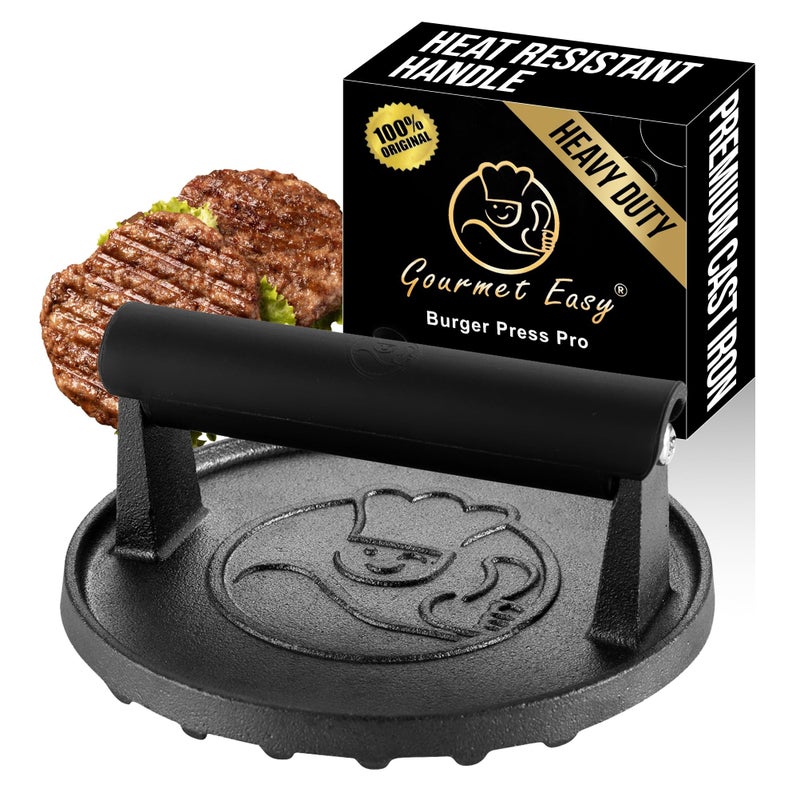 Gourmet Easy أداة ضغط البرجر سماش للسطح، 2 رطل أداة ضغط برجر ثقيلة مع مقبض مقاوم للحرارة، صانع لحم مقدد وسندويشات من الحديد الزهر، ضغط برجر لملحقات الشواء، ضمان 5 سنوات - Image 1