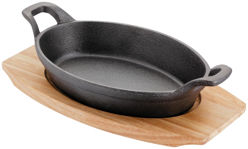 Judge Sizzle  Serve Large Gratin Dish Cast Iron Skillet with Wooden Serving Stand Induction Ready 20cm x 14cm