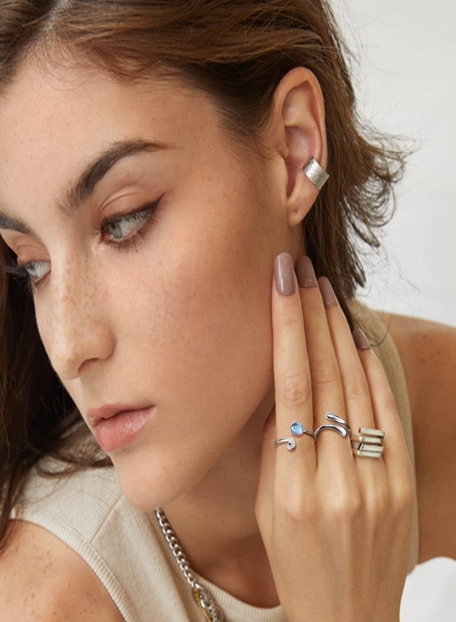 Jstyle مجموعة خواتم مفتوحة الأصابع من جستايل 925 فضة استرلينية للنساء مع حلقة قابلة للتعديل من حجر القمر قوس قزح، مجوهرات قدم شاطئية للنساء - Image 4