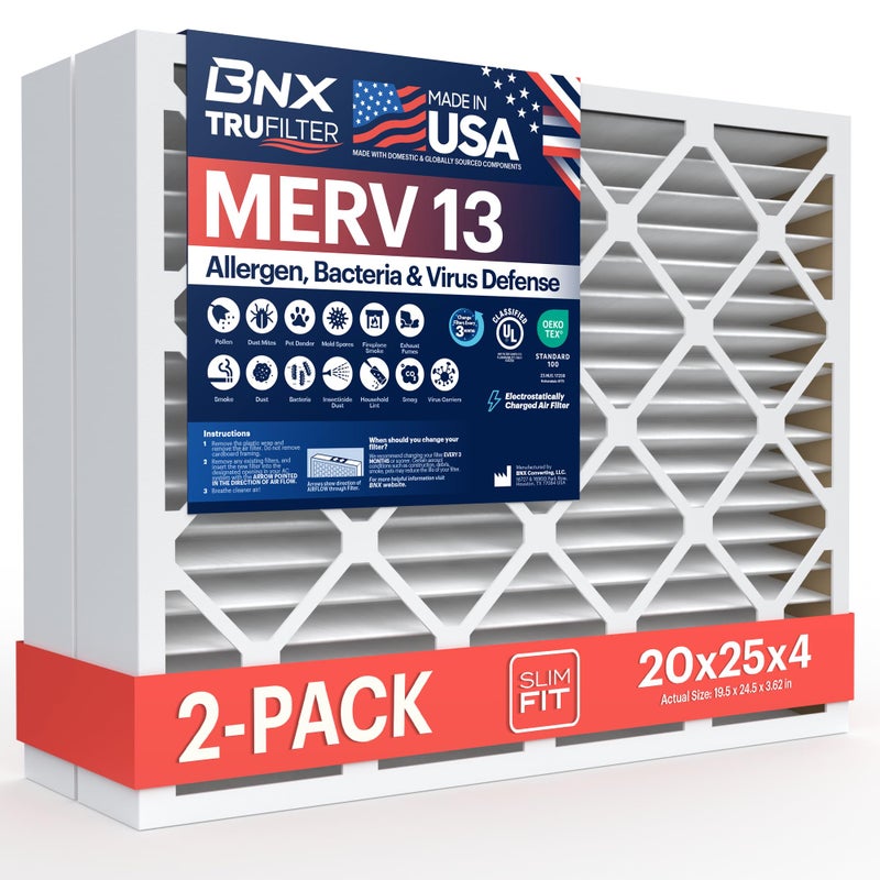 BNX TruFilter 20x25x4 (19.5â€™â€™ x 24.5â€™â€™ x 3.63â€˜â€™ Slim Fit) MERV 13 Air Filter (2-Pack) - MADE IN USA - Air Conditioner HVAC AC Furnace Filters Health, Allergies, Mold, Bacteria, Smoke, MPR 1900 FPR 10 - Image 1
