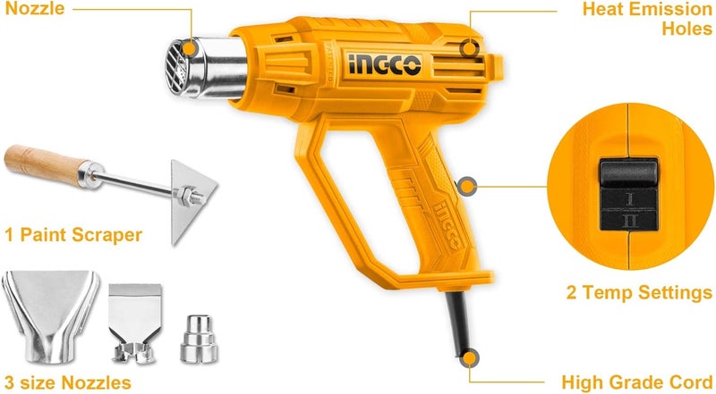 INGCO Heat Gun, 2000W Heavy Duty Hot Air Gun With 3 Nozzles And 1Pcs Scraper, 480℃- 560℃ Heat Gun With Overload Protection For Crafts, Shrinking Pvc, Stripping Paint - Image 2