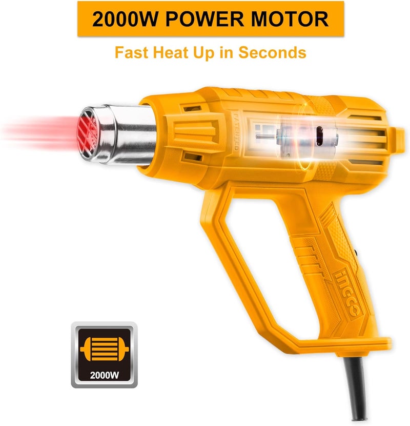 INGCO Heat Gun, 2000W Heavy Duty Hot Air Gun With 3 Nozzles And 1Pcs Scraper, 480℃- 560℃ Heat Gun With Overload Protection For Crafts, Shrinking Pvc, Stripping Paint - Image 3
