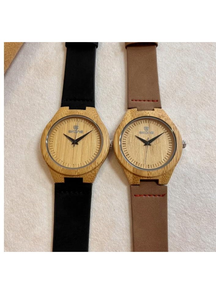 STONE Men's Genuine Leather Belt Wooden Watch - Image 2
