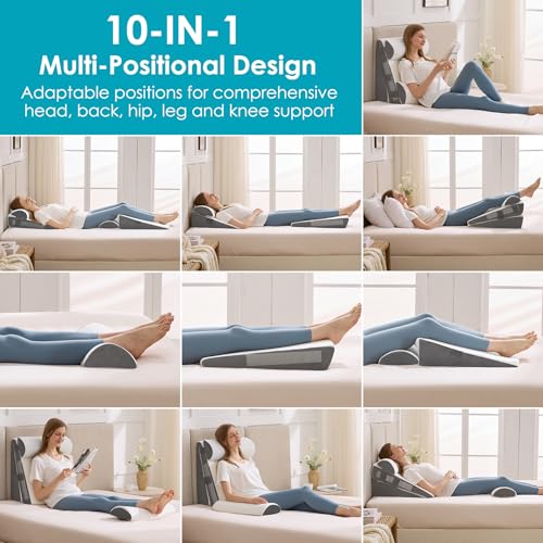 WGAKCED 4Pcs Wedge Pillow Set for After Surgery,Acid Reflux Relief, Adjustable Bed Wedge Pillows for Sleeping,Anti Snore, Memory Foam Triangle Pillow for Back&Neck&Shoulder Pain Relief, White&Grey - Image 3