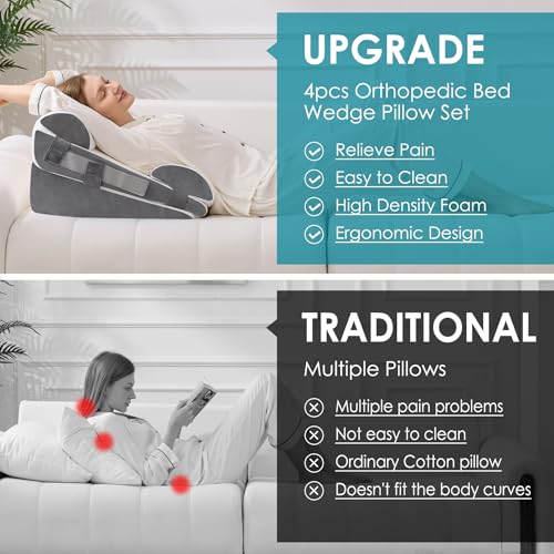 WGAKCED 4Pcs Wedge Pillow Set for After Surgery,Acid Reflux Relief, Adjustable Bed Wedge Pillows for Sleeping,Anti Snore, Memory Foam Triangle Pillow for Back&Neck&Shoulder Pain Relief, White&Grey - Image 4