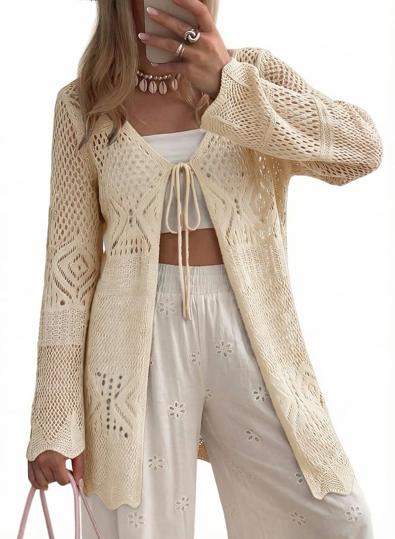 Shein SHEWIN Long Cardigans for Women Boho Beach Tie Front Sweater Womens Cardigan Sweaters Lightweight Summer 2026 Beige Medium - Image 1