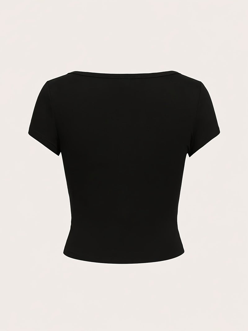 2pcs Women'S Round Neck Short - Sleeved Slim - Fit Short Top, Spring, Summer And Autumn - Black+Burgundy / XS - Image 2