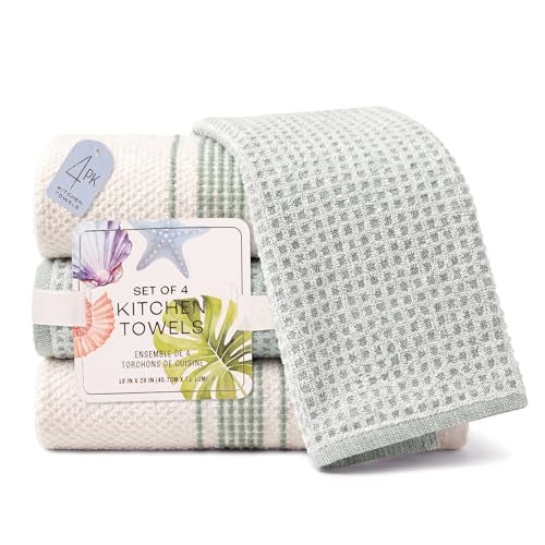 MosJos Kitchen Towels, Cotton Hand Towels White & Turquoise Mini Weaved Stitched Design 4 Pack Absorbent Hand Drying Cloths, 18 x 28 Kitchen Linens - Image 2