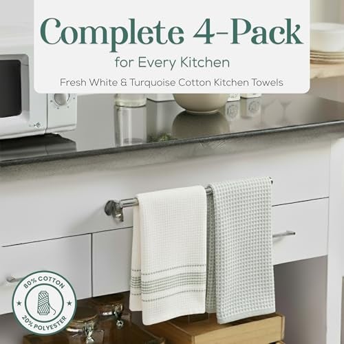 MosJos Kitchen Towels, Cotton Hand Towels White & Turquoise Mini Weaved Stitched Design 4 Pack Absorbent Hand Drying Cloths, 18 x 28 Kitchen Linens - Image 3