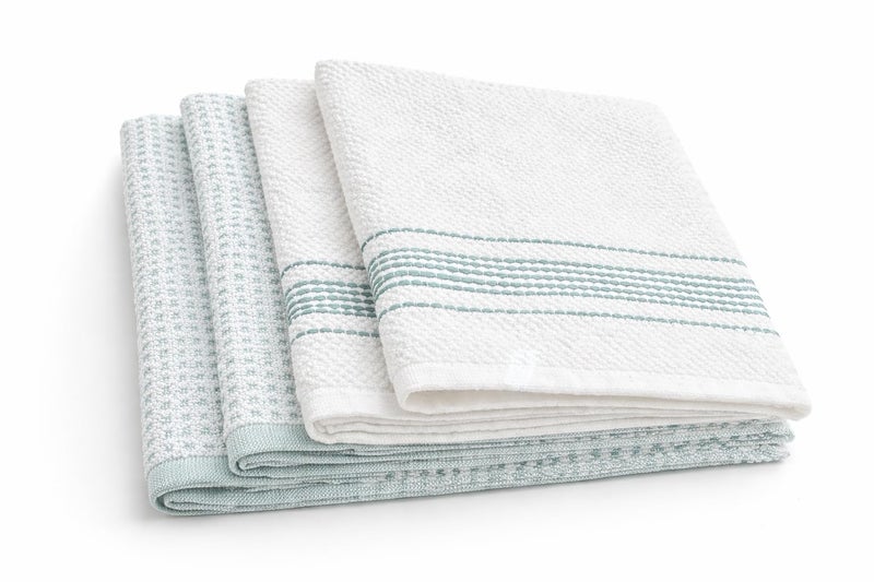 MosJos Kitchen Towels, Cotton Hand Towels White & Turquoise Mini Weaved Stitched Design 4 Pack Absorbent Hand Drying Cloths, 18 x 28 Kitchen Linens - Image 1