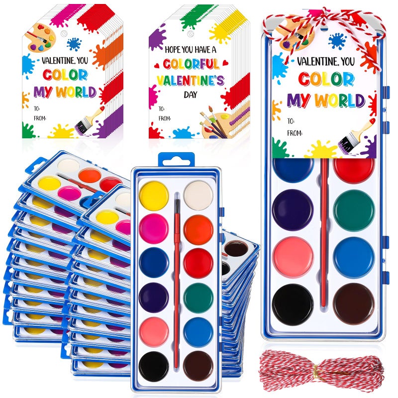 Sabary 30 Pack Valentines Day Watercolor Paint Sets Gifts Washable Watercolor Paintings with Card and 20 Meters Red Rope for Art Gifts Exchange Bulk - Image 1