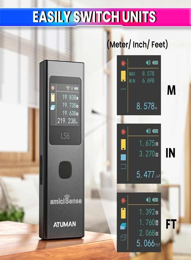 amiciSense 3-in-1 Laser Distance Meter – 19 Modes for Distance, Area, and Volume Measurement, Type-C Rechargeable with Auto-Off and Color Display - Image 3