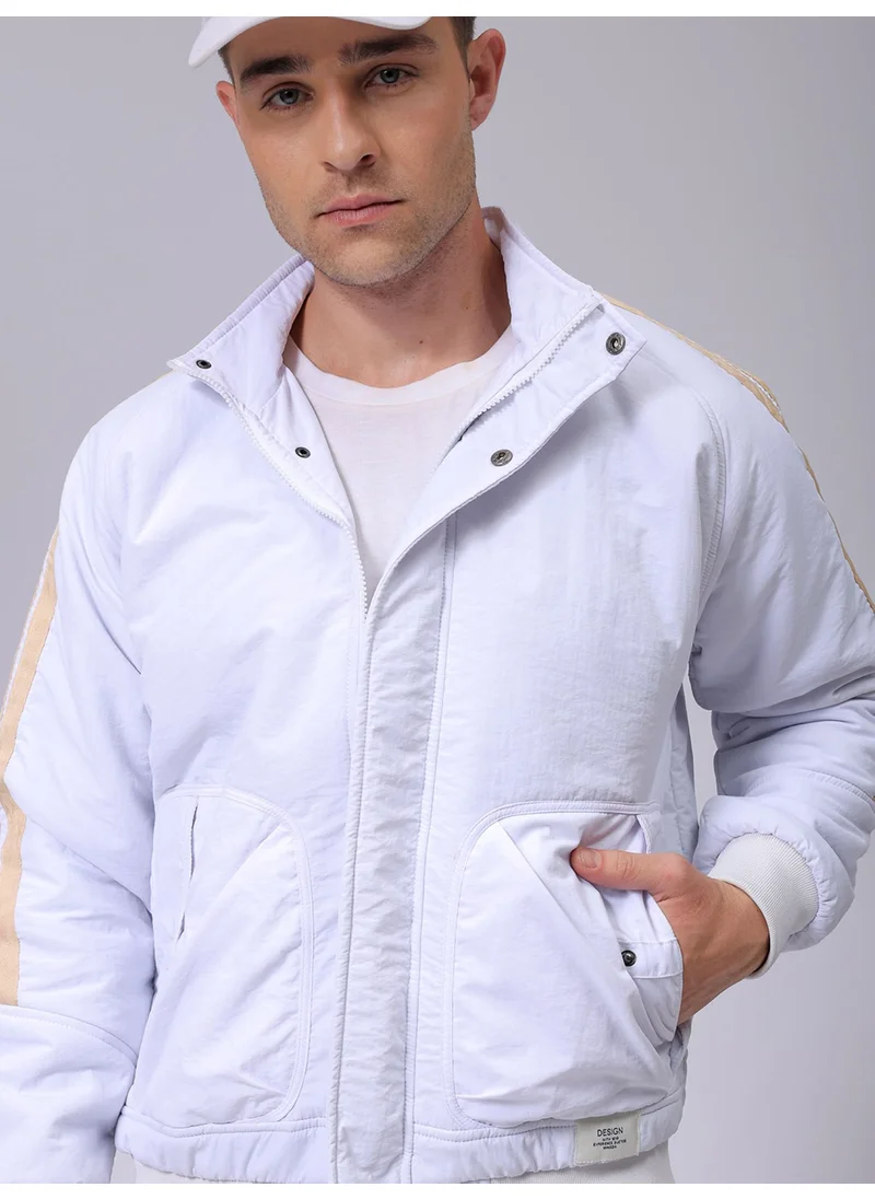 The Indian Garage Co Men White Casual Slim Fit Plain Bomber Jacket