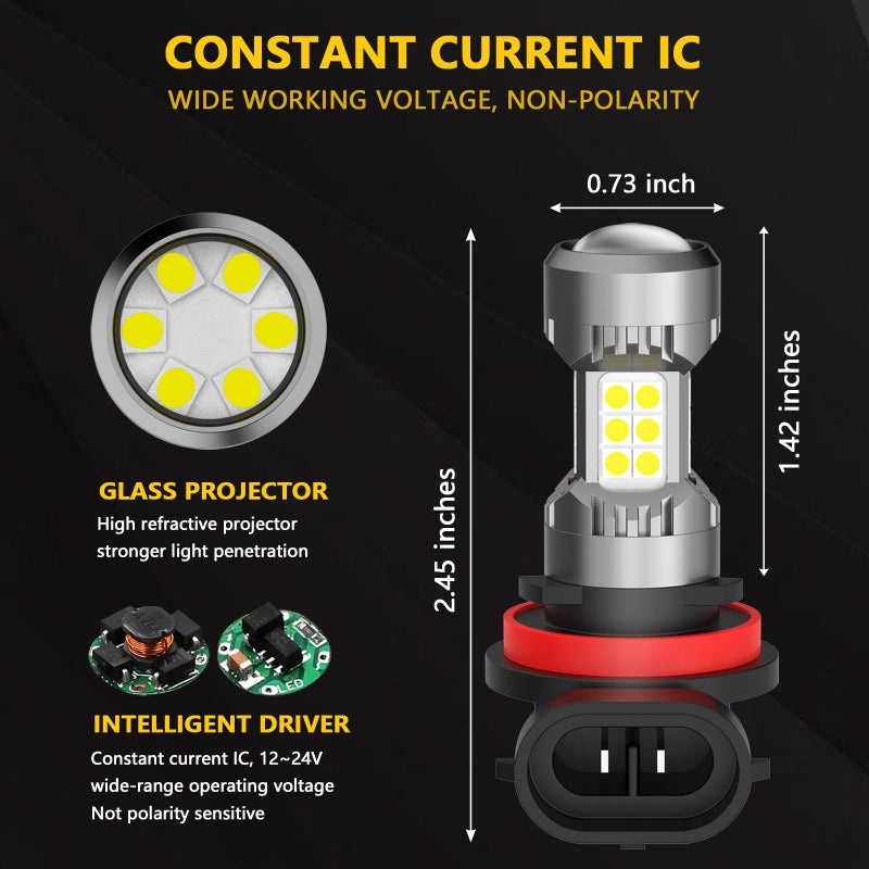 PHINLION H8 H11 LED Fog Light Bulbs or DRL, 3200 Lumens Super Bright 6000K Xenon White, Non-polarity 3030 30 SMD Chips 12V H16 H11LL Fog Lights Replacement for Cars, Pack of 2 - Image 2