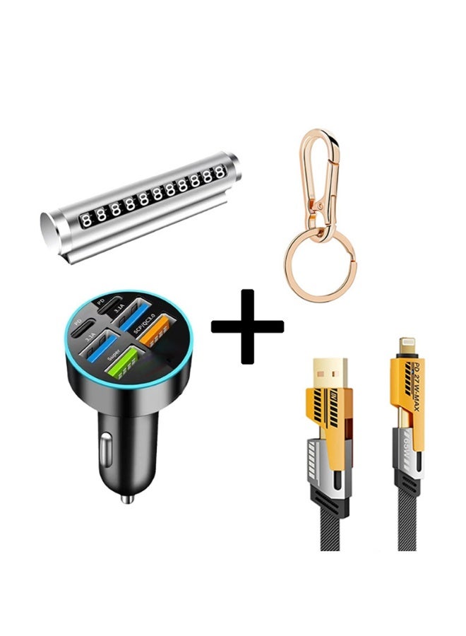 XiuWoo Ultra-fast car charger: 2PD and 4-port USB fast charging adapter (including USB-C cable, compatible with iPhone and Android), temporary parking number plate, keychain - Image 4