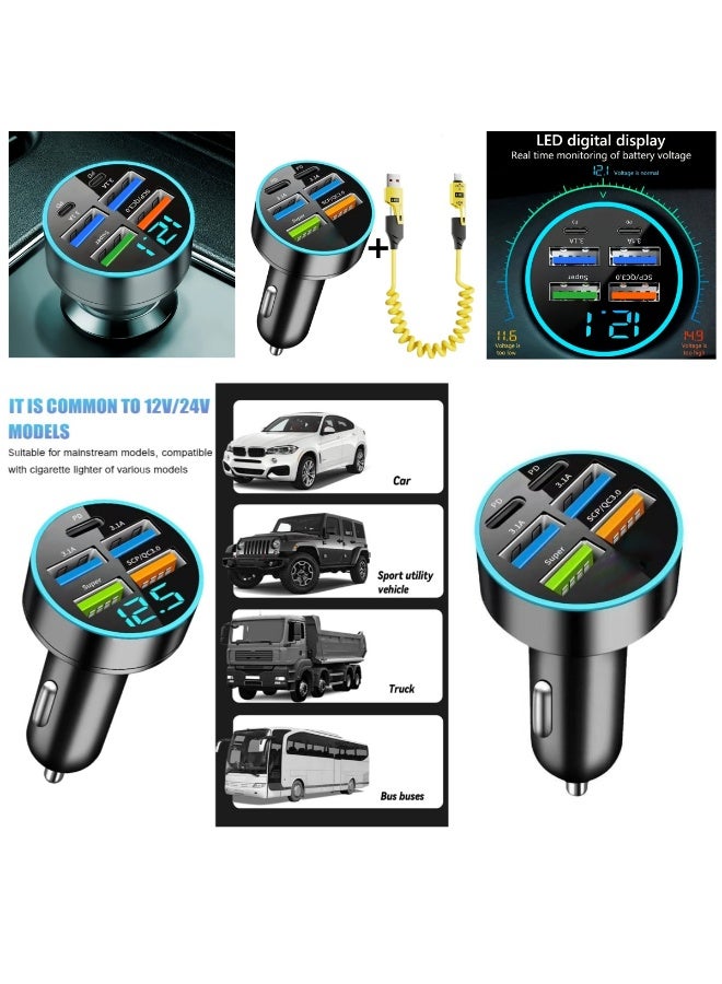 XiuWoo Ultra-fast car charger: 2PD and 4-port USB fast charging adapter (including USB-C cable, compatible with iPhone and Android), temporary parking number plate, keychain - Image 3