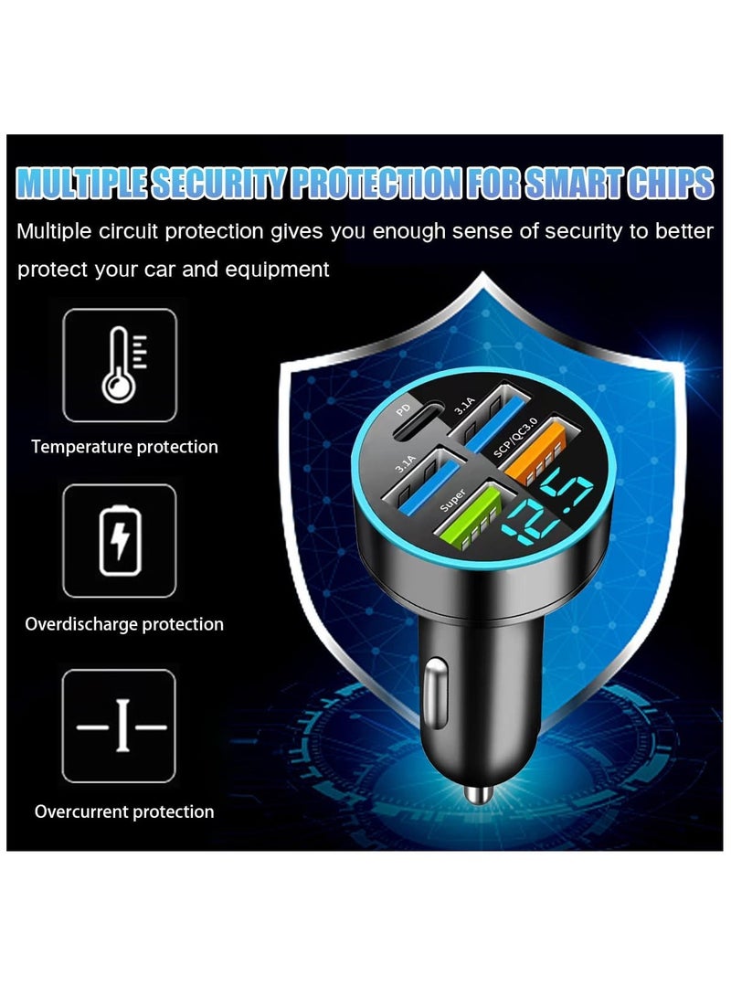 XiuWoo Ultra-fast car charger: 2PD and 4-port USB fast charging adapter (including USB-C cable, compatible with iPhone and Android), temporary parking number plate, keychain - Image 2