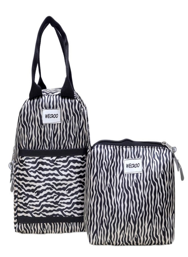 WECROO Zebra Print Insulated Lunch Bag Set for Women & Girls – Reusable Lunch Tote with Matching Zipper Pouch, Lightweight Travel & Office Lunch Bag (Black) - Image 1