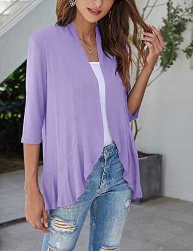 Bluetime Women Casual Lightweight Open Front Cardigans Soft Draped Ruffles 3/4 Sleeve Cardigan (XXXL, Light Purple) - Image 2