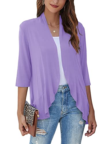 Bluetime Women Casual Lightweight Open Front Cardigans Soft Draped Ruffles 3/4 Sleeve Cardigan (XXXL, Light Purple) - Image 1