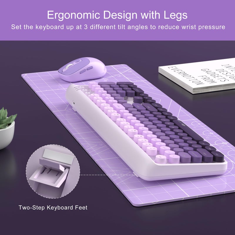 MageGee V920 Wireless Keyboard and Mouse Combo, 2.4G Full-Sized Retro Typewriter Keyboard with Round Keycaps & Auto-Sleep Mode, Cute Computer Keyboard and Cordless Optical Mouse for Laptop/PC (Purple) - Image 5