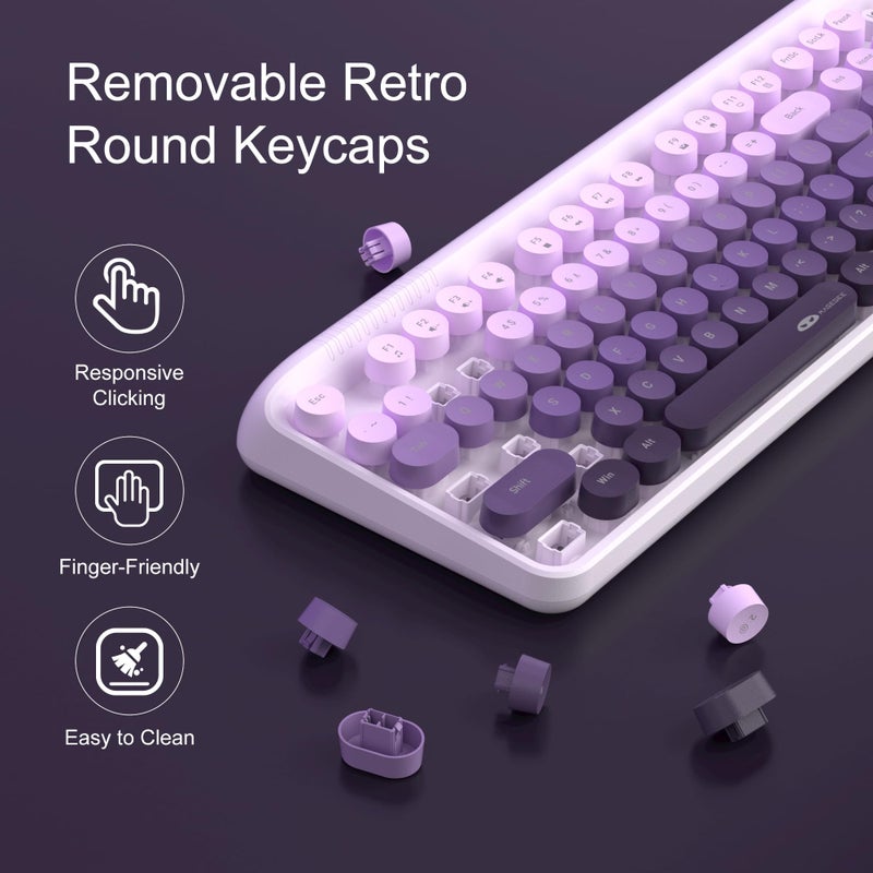 MageGee V920 Wireless Keyboard and Mouse Combo, 2.4G Full-Sized Retro Typewriter Keyboard with Round Keycaps & Auto-Sleep Mode, Cute Computer Keyboard and Cordless Optical Mouse for Laptop/PC (Purple) - Image 3