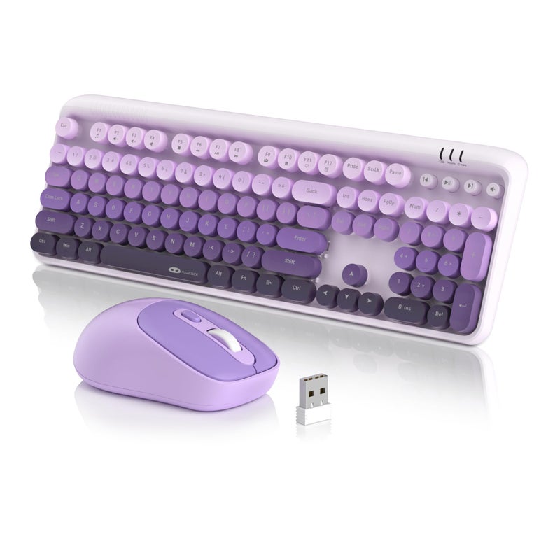 MageGee V920 Wireless Keyboard and Mouse Combo, 2.4G Full-Sized Retro Typewriter Keyboard with Round Keycaps & Auto-Sleep Mode, Cute Computer Keyboard and Cordless Optical Mouse for Laptop/PC (Purple) - Image 1