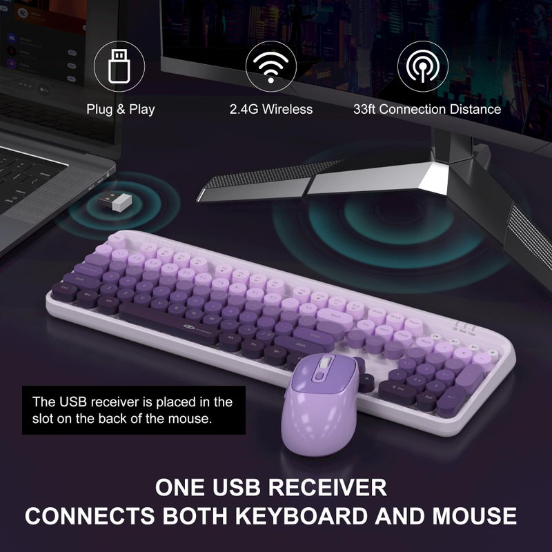 MageGee V920 Wireless Keyboard and Mouse Combo, 2.4G Full-Sized Retro Typewriter Keyboard with Round Keycaps & Auto-Sleep Mode, Cute Computer Keyboard and Cordless Optical Mouse for Laptop/PC (Purple) - Image 2