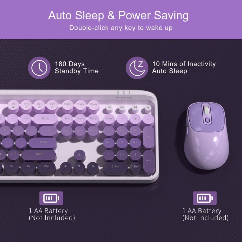 MageGee V920 Wireless Keyboard and Mouse Combo, 2.4G Full-Sized Retro Typewriter Keyboard with Round Keycaps & Auto-Sleep Mode, Cute Computer Keyboard and Cordless Optical Mouse for Laptop/PC (Purple) - Image 4