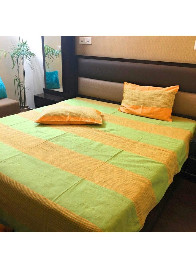 RANGBHAR Handloom Cotton Double Bedsheet With 2 Pillow Covers,Woven Striped Bedsheet,90 X 100 Inch,Green,220 TC - Image 3