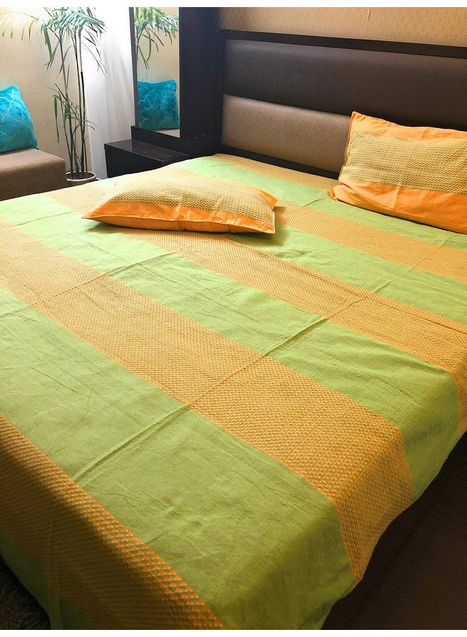 RANGBHAR Handloom Cotton Double Bedsheet With 2 Pillow Covers,Woven Striped Bedsheet,90 X 100 Inch,Green,220 TC - Image 2