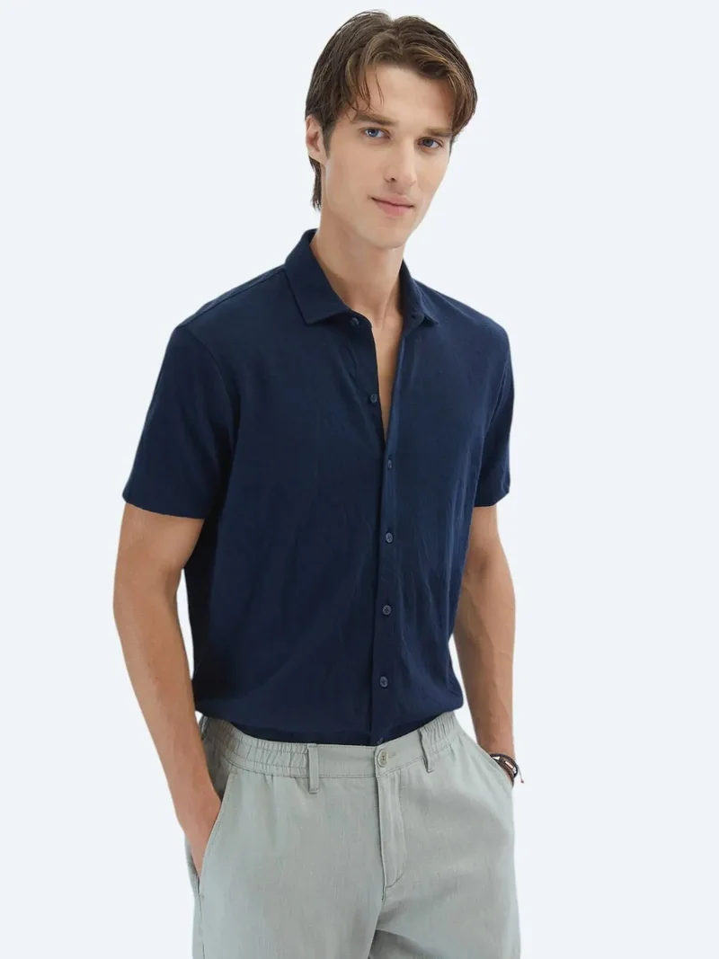 Kip Navy Blue Plain Regular Fit Knitting Casual Cotton Blended Shirt