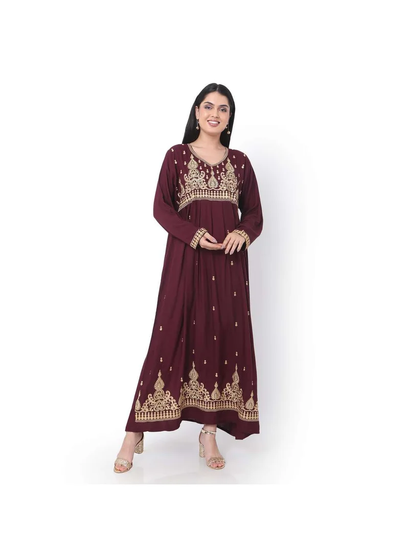 HANA & SARA LONG EMBROIDERED VISCOSE SOLID MAROON COLOUR ARABIC JALABIYA DRESS
