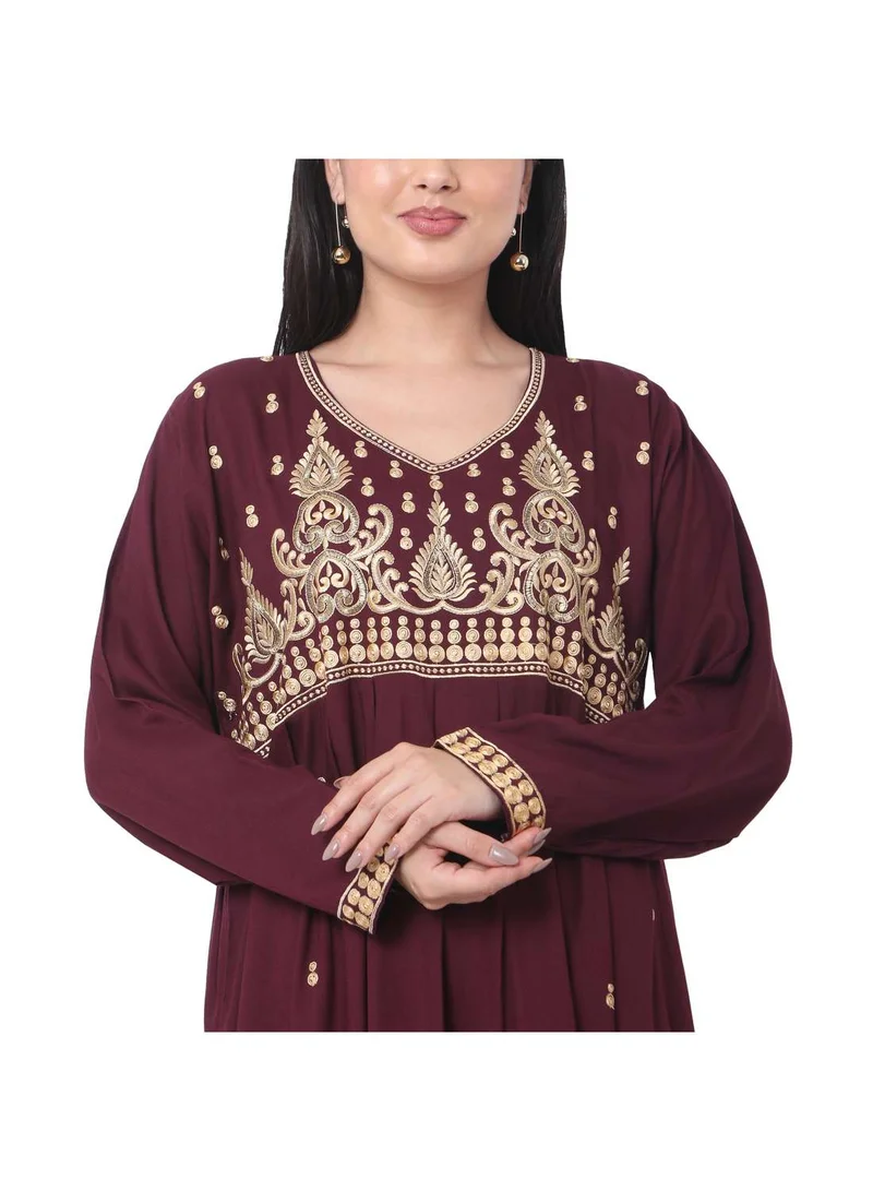 HANA & SARA LONG EMBROIDERED VISCOSE SOLID MAROON COLOUR ARABIC JALABIYA DRESS