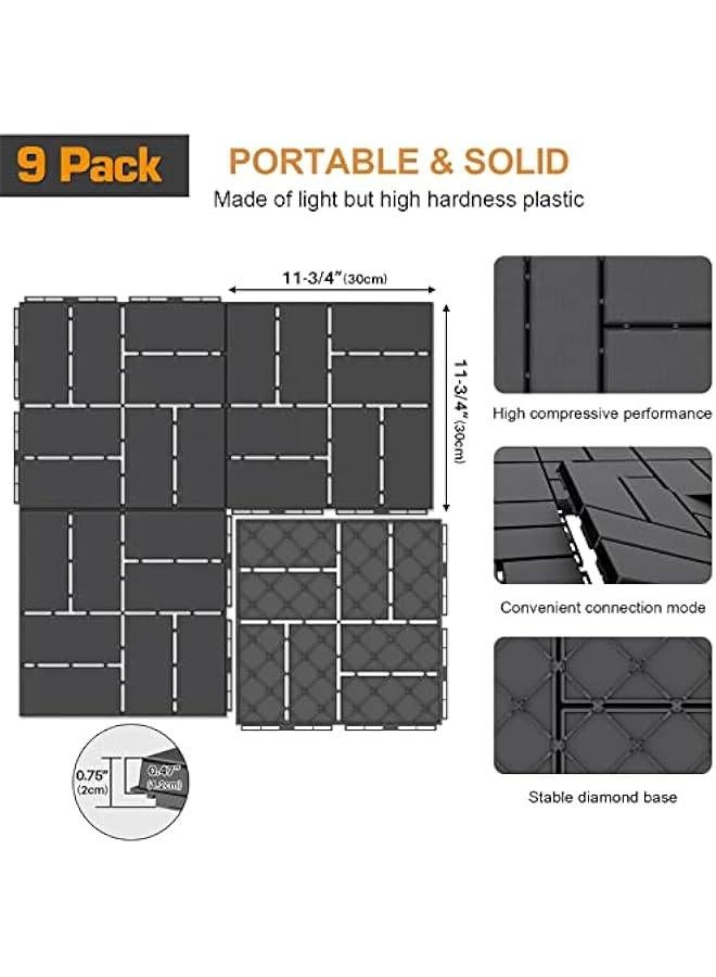 Arabest Plastic Interlocking Deck Tiles, 9 Pack Outdoor Patio Flooring, 12x12 Interlocking Decking Tile Outdoor All Weather Use, Waterproof Patio Pavers for Pool Balcony Backyard Porch, Dark Grey - Image 3
