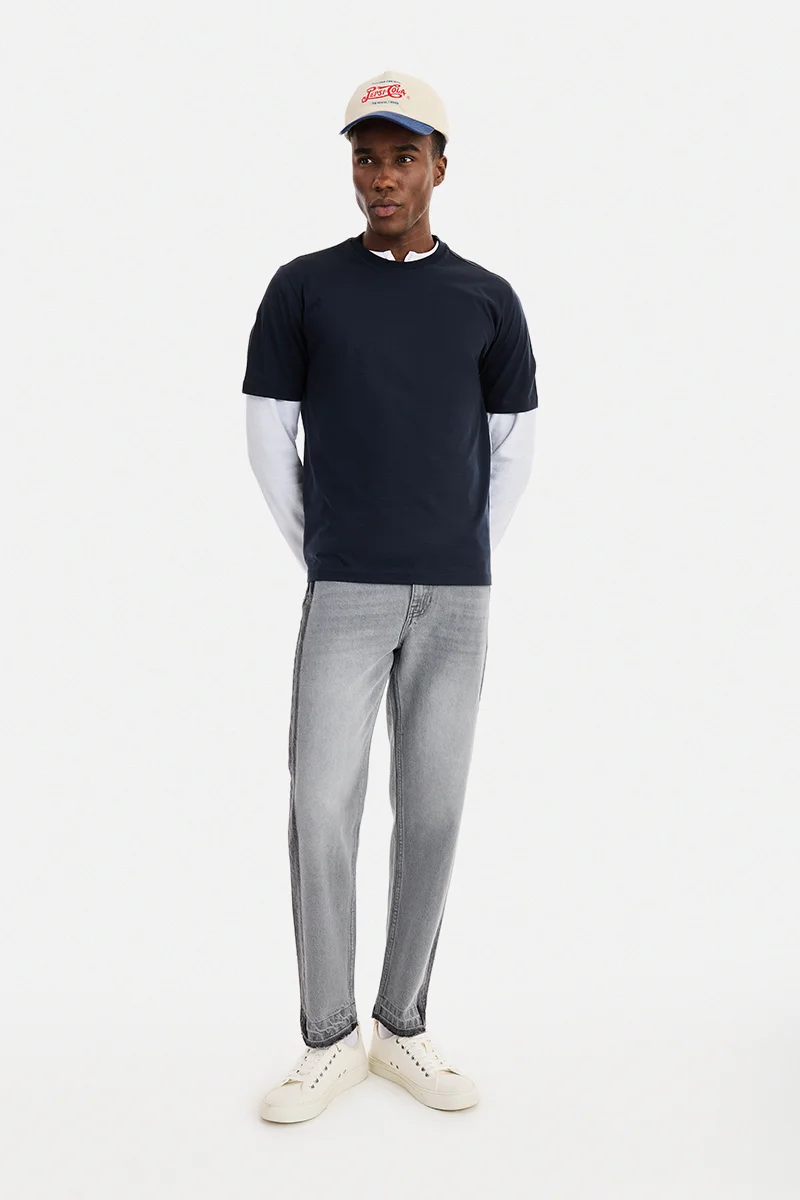 SNITCH Navy Blue Solid Half Sleeve Regular Fit Luxe T-Shirt