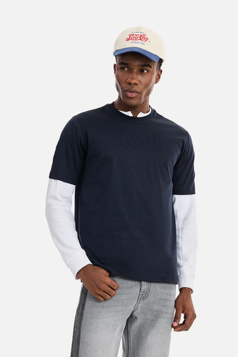 SNITCH Navy Blue Solid Half Sleeve Regular Fit Luxe T-Shirt