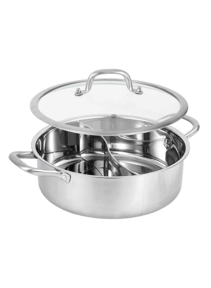 قدر من الفولاذ المقاوم للصدأ 304، مع فاصل للمكونات المشوية، مناسب للمواقد الحثية ومواقد الغاز. يكفي 2-4 أشخاص. قدر حساء، قدر مزدوج المناطق. - Image 1