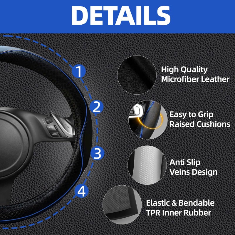 NBTEPEM 6 PCS Car Steering Wheel Cover Set, Microfiber Leather Steering Wheel Covers Universal 14.5-15 inch, Center Console Cover, Seat Belt Cushion, Cup Holder Coaster, Car Accessories Set Blue - Image 3