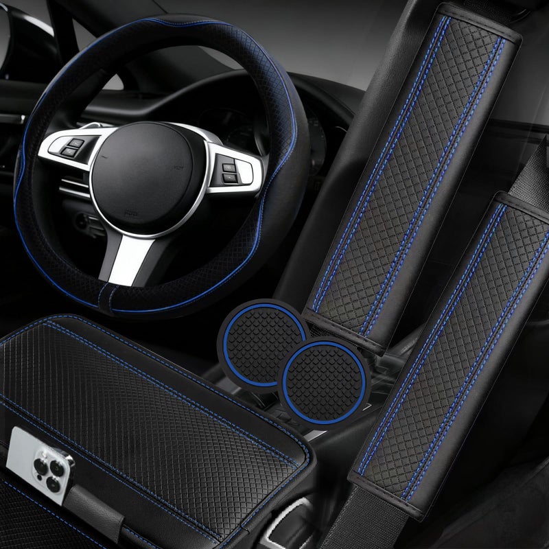 NBTEPEM 6 PCS Car Steering Wheel Cover Set, Microfiber Leather Steering Wheel Covers Universal 14.5-15 inch, Center Console Cover, Seat Belt Cushion, Cup Holder Coaster, Car Accessories Set Blue - Image 1