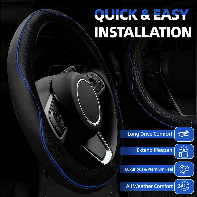NBTEPEM 6 PCS Car Steering Wheel Cover Set, Microfiber Leather Steering Wheel Covers Universal 14.5-15 inch, Center Console Cover, Seat Belt Cushion, Cup Holder Coaster, Car Accessories Set Blue - Image 2