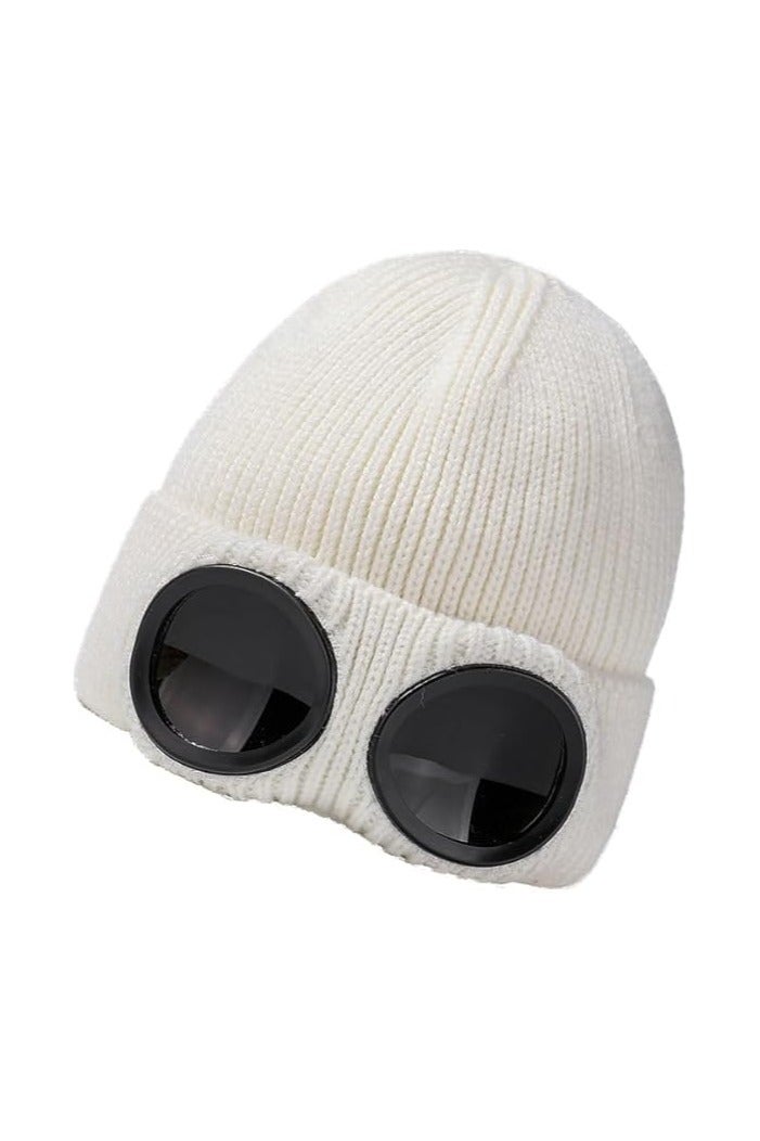 CMGTYYD Winter Warm Knitted Beanie Hat，Unisex Solid Color Goggle Lens Design Beanie Hat, Goggle Lens Beanie Winter Stylish Hat Outdoor Sports，Unisex Fashion Knitted Outdoor Sports Skull Hat - Image 1