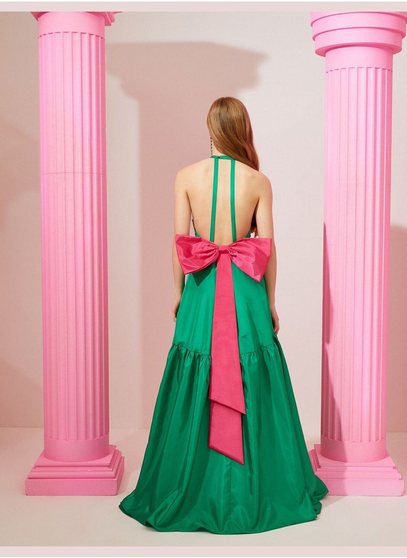 KOTON Rachel Araz X Koton - Back Detail Tie Detail Satin Long Dress  - Image 5
