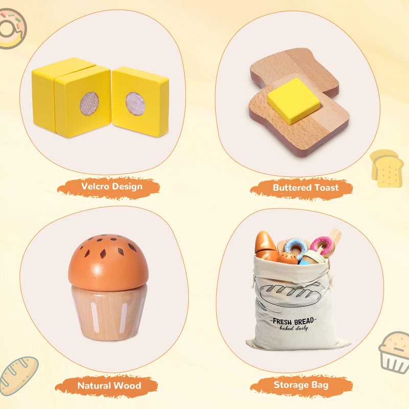 Inslat Wooden Bakery Playset Food Toys  Kids Pretend Play Food Baking Set Kitchen Accessories With Storage Bag  Pretend Play Bread Cutting Food For Boys Girls 3+ - Image 4