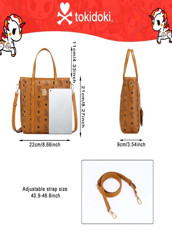 Tokidoki Brown Tote Bag Purse for Women，Cute PU Leather Shoulder Bag Handbags Detachable Tote with Unicorns Print (Medium) - Image 2